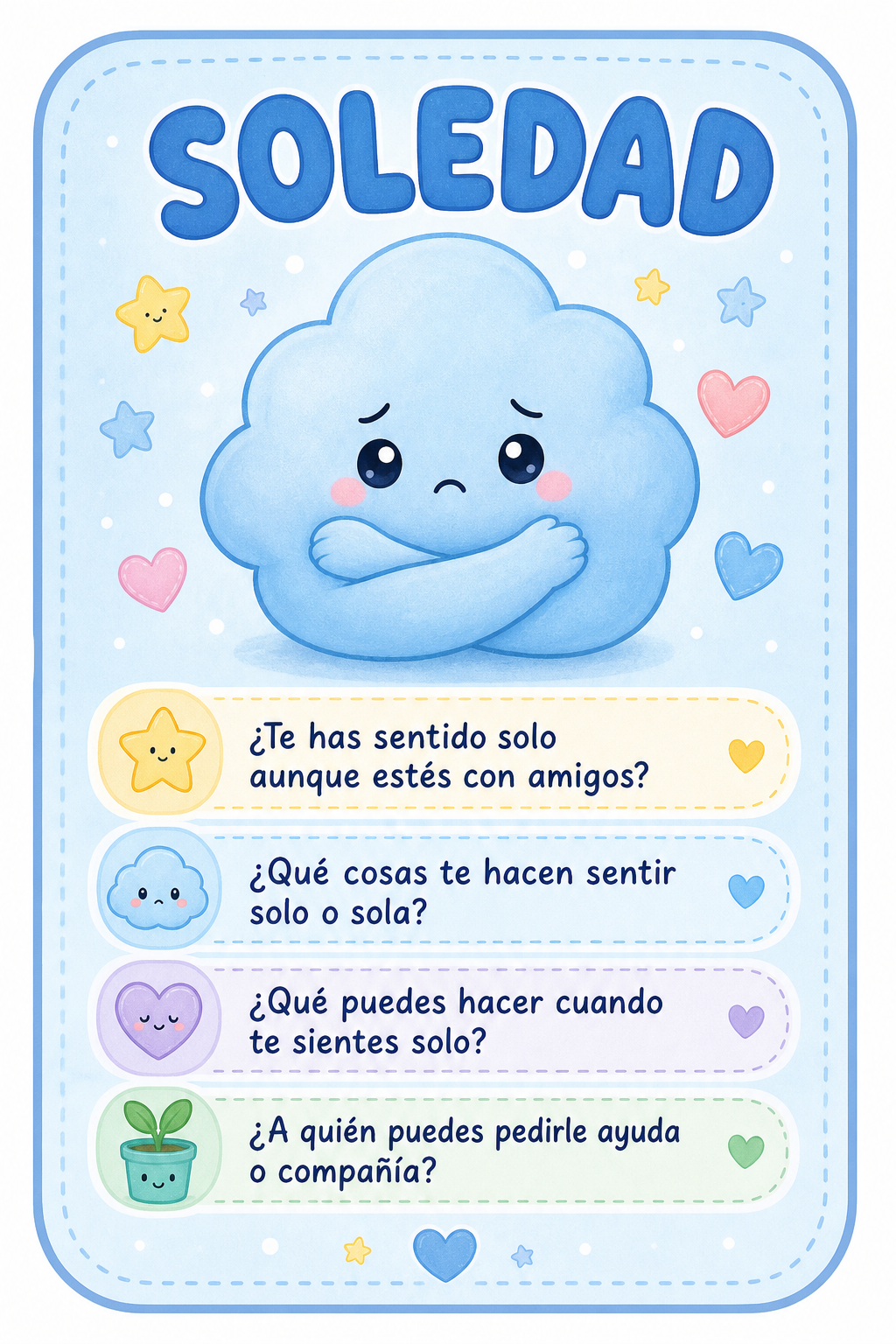 Tarjeta con el tema SOLEDAD, con preguntas guiadas sobre sentimientos