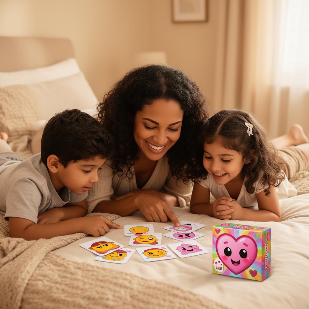 Madre con sus dos hijos jugando con tarjetas de emociones sobre la cama